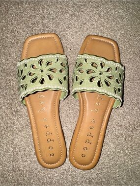 Copper Key Light Green Laser-Cut Slide Sandals